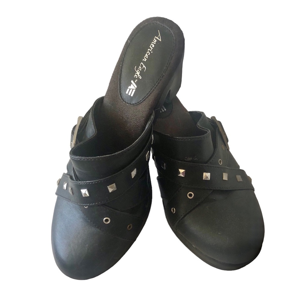 American Eagle Studded Clogs Black Faux Leather Silver Studs Size 8.5